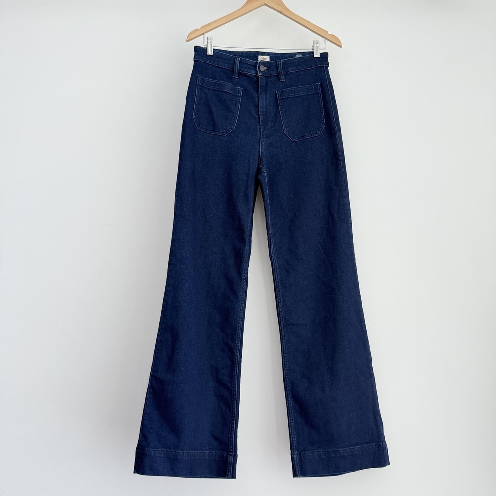 Faherty Jeans Womens 30 High Rise Stretch Terry Wide Leg Patch Pocket Dark Wash